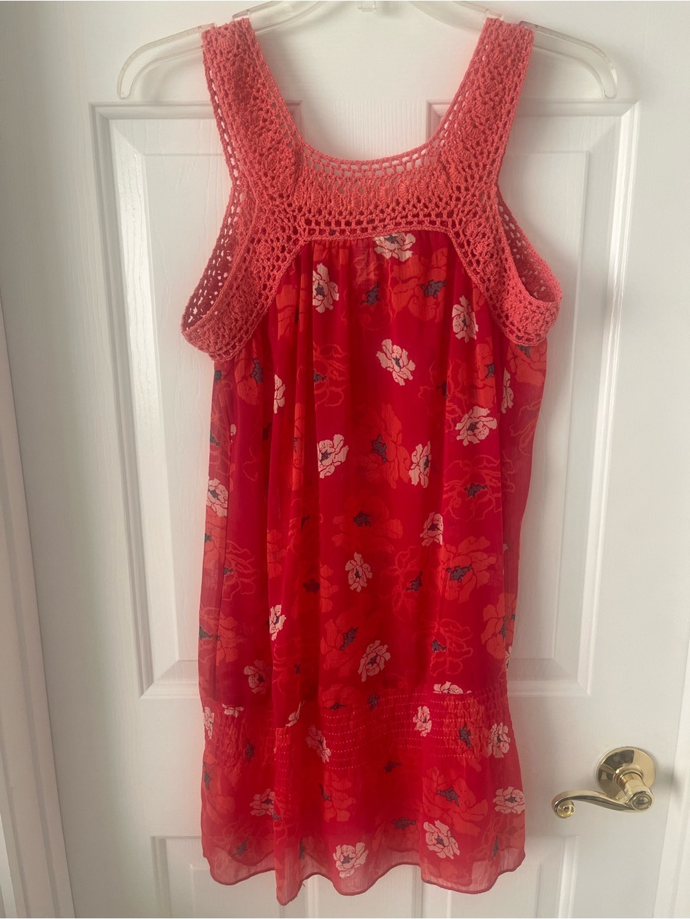 Women’s ' Dark Coral Floral Crochet Yoke Top